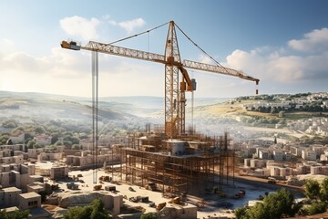 Fototapeta na wymiar Construction tower cranes against the background of buildings and a picturesque sky with clouds