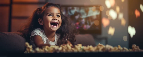 Tuinposter Happy cute girl is excited watching fairy tales on TV © Filip