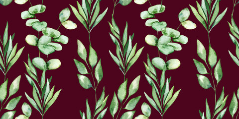 Watercolor seamless pattern eucalyptus leaves light green floral botany design textile, wallpaper