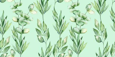 Watercolor seamless pattern eucalyptus leaves light green floral botany design textile, wallpaper