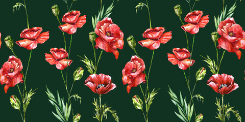 Red wild flowers poppies seamless watercolor pattern textile design, wrapping paper, floral, leaves