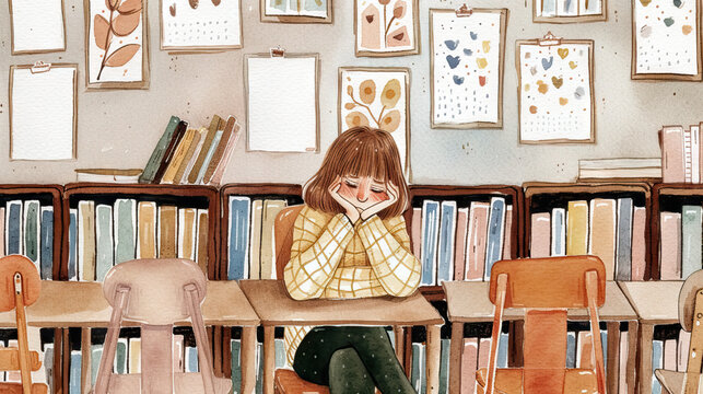 Classroom Blues: A Watercolor Illustration of a Young Kid Feeling Sad in a Classroom, Reflecting the Concept of Bullying
