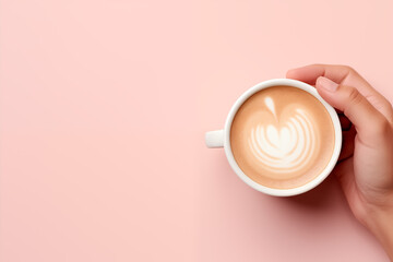 Top view of a female hands holding a cup of delicious cappuccino coffee on pink background with copy space