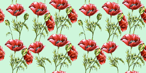 Red wild flowers poppies seamless watercolor pattern textile design, wrapping paper, floral, leaves