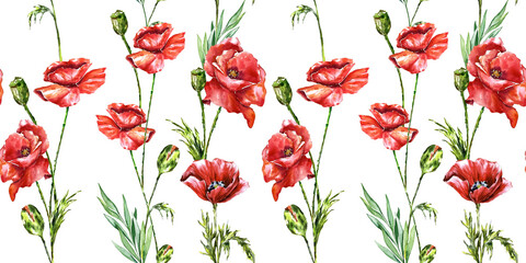 Fototapeta premium Red wild flowers poppies seamless watercolor pattern textile design, wrapping paper, floral, leaves