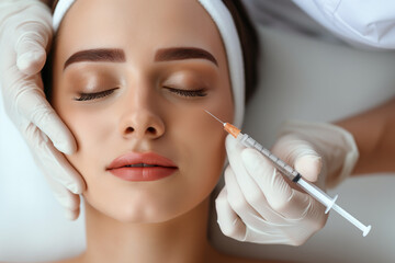 Naklejka premium Young woman having a treatments botox injection. Beauty, rejuvenation skin and anti aging concept