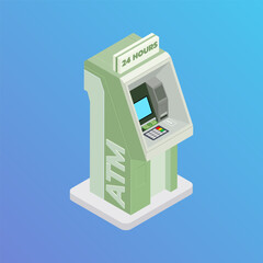 ATM Machine with Cash and Card in Bank, Money, and Finance Technology Scene.