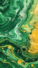 a green and yellow swirl pattern wallpaper with bubbles, in the style of conceptual painting, delicate chromatics, fluid acrylics, white background, mixes painting and ceramics - generative ai