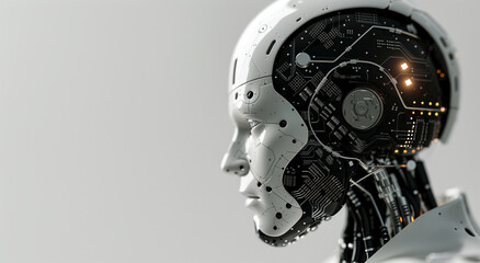 a robot head with an open circuit board, showing digital brain