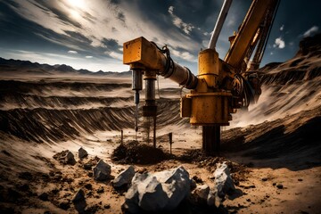 A dynamic shot of a drilling rig in action, with rock fragments flying as the drill bit penetrates the earth, showcasing the power and precision of oil extraction.