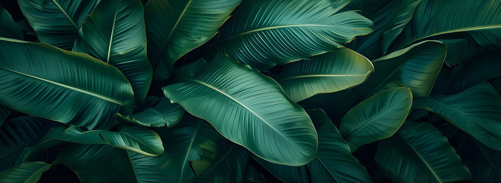 A nature background featuring an abstract green leaf texture. The image showcases dark green tropical leaves in close-up, revealing layered textures and various elements of tropical flora. © jex