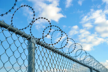 Fence with barbed wire at state border, Protecting border from illegal immigration