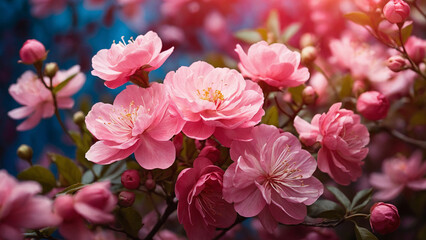 Obraz premium A vibrant pink floral background with a serene garden scene where delicate blossoms sway in the breeze and creating a symphony of colors and fragrances