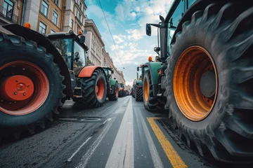 Deurstickers Heavy agricultural machinery in city, Tractors block traffic on street, Farmers protest, Demonstration due to economic problems © Lazy_Bear