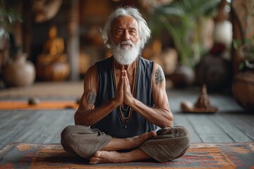 A bearded senior man practices yoga in a temple, embodying concentration and peace.