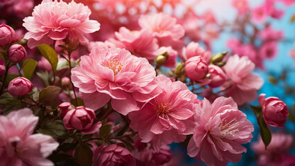 Obraz premium A vibrant pink floral background with a serene garden scene where delicate blossoms sway in the breeze and creating a symphony of colors and fragrances