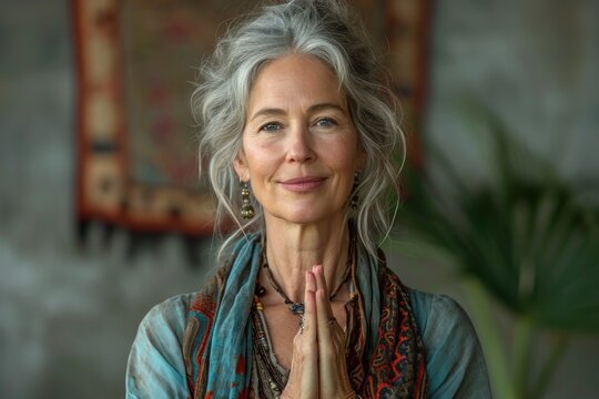 An elegant, positive mature lady in a yoga pose exudes calm and sincerity at home.