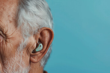 Ear of an elderly person with hearing aid on blue background, Hearing problems in old age