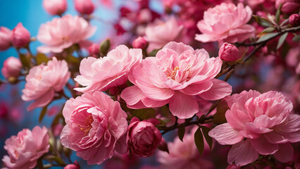 Naklejka premium A vibrant pink floral background with a serene garden scene where delicate blossoms sway in the breeze and creating a symphony of colors and fragrances