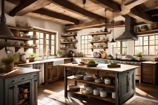 A rustic farmhouse kitchen with exposed wooden beams, open shelving, and a vintage-inspired stove. Sunlight streaming through the window enhances the cozy atmosphere