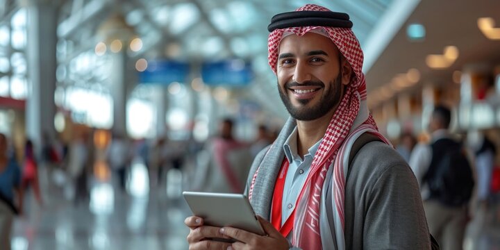 A cheerful Middle Eastern businessman with a keffiyeh, holding a tablet at the airport.