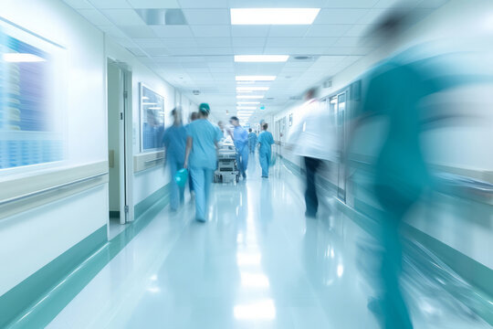 Doctors and medical staff walk down in hospital, Busy corridor in medical clinic with motion blur effect