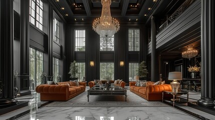 Luxury lobby has a large interior with couches and a chandelier, In the style of black and white. Generative AI.