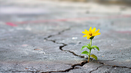 single yellow flower blooms through a crack in a gray concrete surface, symbolizing resilience and hope - obrazy, fototapety, plakaty