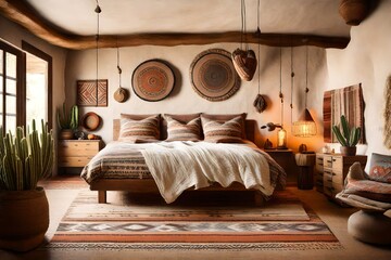 A Southwestern-inspired bedroom with desert hues, tribal patterns, and rustic elements,...