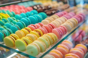 Rows of colored macarons in cafe showcase for sale, close-up. Delicious french macaroons in shop. Confectionery products