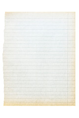 Vintage time-yellowed lined sheet of paper torn from an old notebook. Isolated on a transparent...