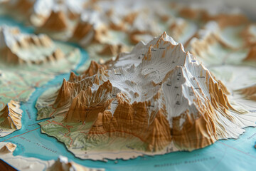Relief map with mountains and rivers, Concept of topography and cartography