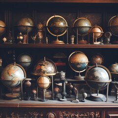 A collection of antique globes on a shelf. - obrazy, fototapety, plakaty