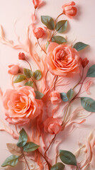 Bouquet of orange roses and green leafes on pastel pink background. Woman's day concept.