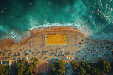 An overhead shot of a beach volleyball tournament, showcasing the athleticism and teamwork of...
