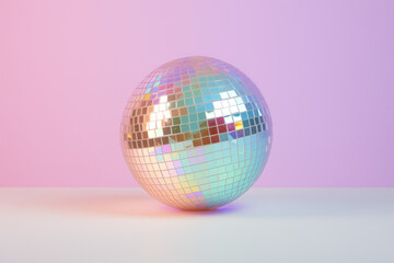 Fototapeta na wymiar Shiny disco ball on the table with pastel purplebackground. Party time concept.