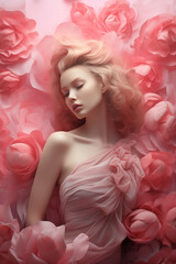 Portrait of woman with pink roses. Valentine's Day. Love concept.