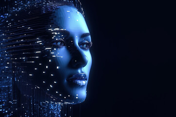 The face of an android woman, covered with microchips, against the background of IT equipment. An allegory of AI intelligence. A woman's face with a polygonal light. banner