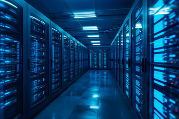 Fototapeta premium Data Brilliance: Picture the epitome of technological advancement with servers illuminated by LED lights in a modern data center, showcasing the elegance and efficiency of contemporary data management