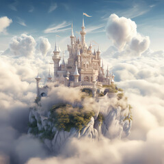A fantastical floating castle in the clouds.