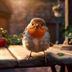 Robin Redbreast looking into the camera from a garden table