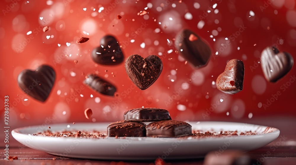 Poster a chocolate cookies in the shape of hearts flying against a red background landing on a white platte