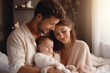 Fototapeta na wymiar Family, parenthood and people concept. Happy young mother, father with new born baby at home