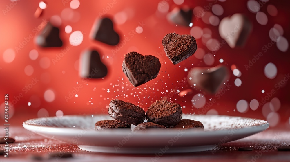 Poster a chocolate cookies in the shape of hearts flying against a red background landing on a white platte