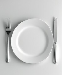 Clean empty white plate with knife and fork

