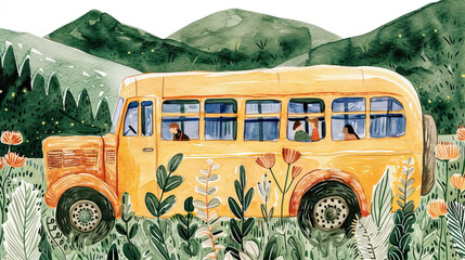 a yellow bus riding over big green hills at sunset. surreal. Watercolor.