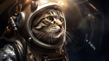 A cat wearing a spacesuit and helmet floating in space with stars and planets in the background