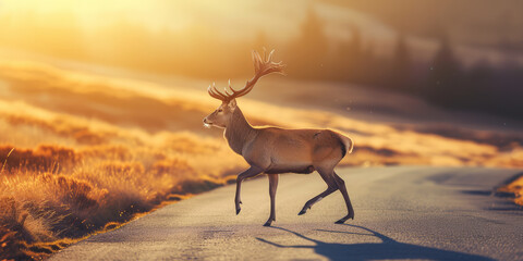 Wild Deer with horns Crossing Suburban Road. Deer running across roadway in backcountry, animal danger on road, scene blending wildlife and urban environment.