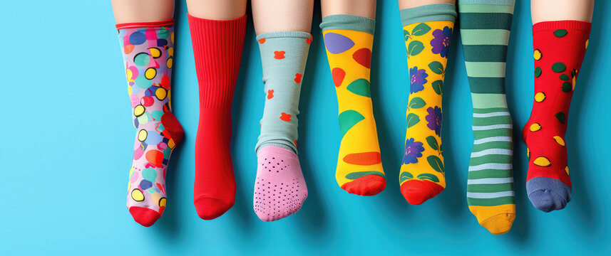 Vibrant Socks on Legs Against Colorful flat Background. Different pairs of colorful socks. Simple background for socks shop, copy space.