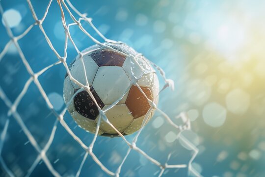 A soccer ball flies into the net under the sunlight. copy space